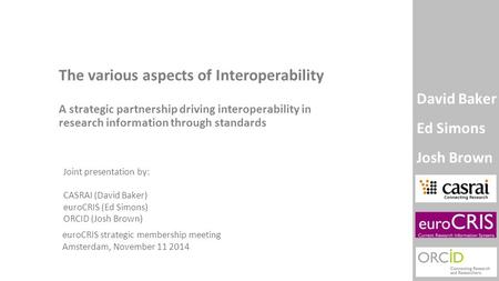 David Baker Ed Simons Josh Brown The various aspects of Interoperability A strategic partnership driving interoperability in research information through.