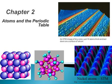 Atoms and the Periodic Table Nickel atoms – STM  An STM image of tiny wires, just 10 atoms thick and laid.