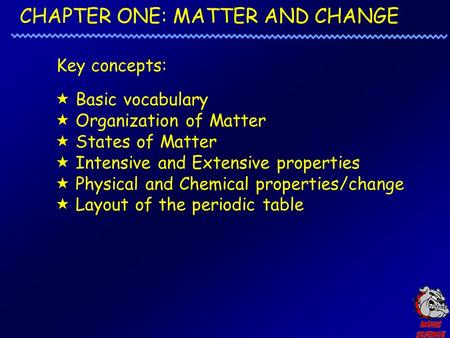 CHAPTER ONE: MATTER AND CHANGE Key concepts:  Basic vocabulary  Organization of Matter  States of Matter  Intensive and Extensive properties  Physical.