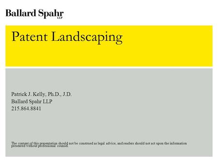 Patent Landscaping Patrick J. Kelly, Ph.D., J.D. Ballard Spahr LLP 215.864.8841 The content of this presentation should not be.