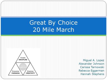 Miguel A. Lopez Alexander Johnson Carissa Tarnowski Rebecca Eggerman Hannah Stephens Great By Choice 20 Mile March.