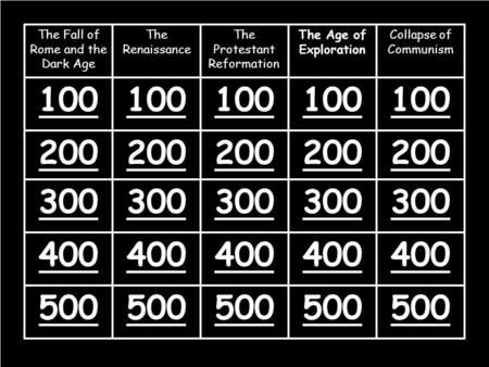 The Fall of Rome and the Dark Age The Renaissance The Protestant Reformation The Age of Exploration Collapse of Communism 100 200 300 400 500 Main page.