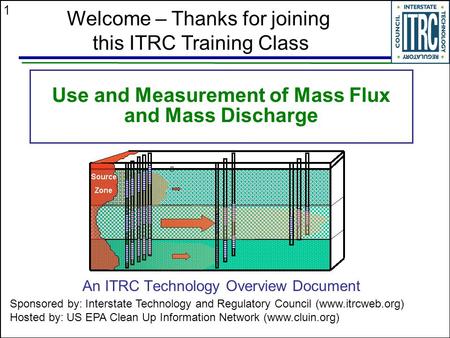 1 Use and Measurement of Mass Flux and Mass Discharge An ITRC Technology Overview Document Welcome – Thanks for joining this ITRC Training Class Sponsored.