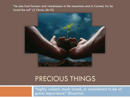 PRECIOUS THINGS “highly valued, much loved, or considered to be of great importance” (Encarta) “he also had farmers and vinedressers in the mountains and.