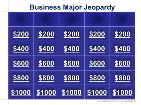 Business Major Jeopardy Love Matches $alariesCareersStudent OrgsPotpourri $200 $400 $600 $800 $1000.