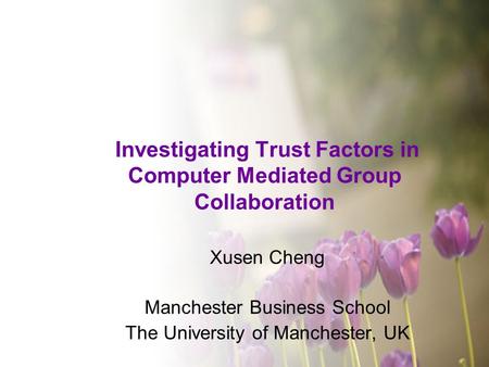 Investigating Trust Factors in Computer Mediated Group Collaboration Xusen Cheng Manchester Business School The University of Manchester, UK.