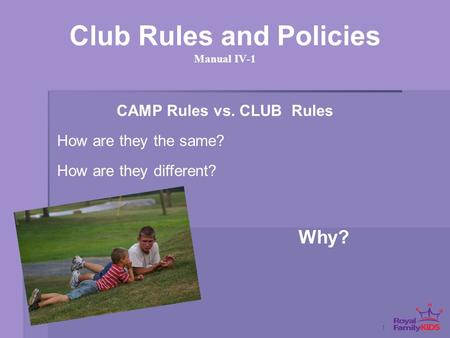 1 Club Rules and Policies Manual IV-1 Why? CAMP Rules vs. CLUB Rules How are they the same? How are they different?