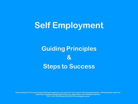 Self Employment Guiding Principles & Steps to Success Financial Support for The Texas Customized Self-Employment Project is provided by the Texas Council.