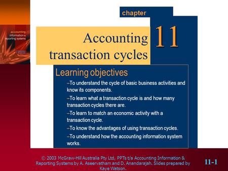 © 2003 McGraw-Hill Australia Pty Ltd, PPTs t/a Accounting Information & Reporting Systems by A. Aseervatham and D. Anandarajah. Slides prepared by Kaye.