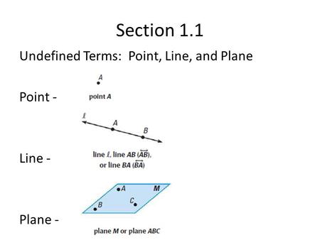 Section 1.1 Undefined Terms: Point, Line, and Plane Point - Line - Plane -