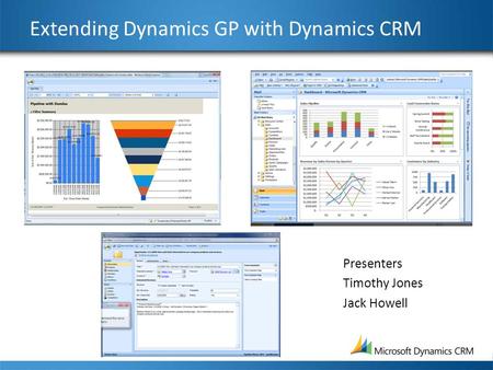 Extending Dynamics GP with Dynamics CRM Presenters Timothy Jones Jack Howell.