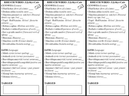 RHESTR WIRIO : Llythyr Cais CYNNWYS (Content) Ffurf llythyr (form of a letter) ____ Dechrau addas (suitable start) ___ Manylion personol e.e. oed, byw.