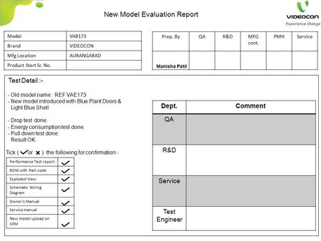 Test Detail :- Dept.Comment QA R&D Service Test Engineer - Old model name : REF VAE173 - New model introduced with Blue Plant Doors & Light Blue Shell.