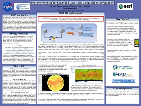 , Implementing GIS for Expanded Data Accessibility and Discoverability ASDC Introduction The Atmospheric Science Data Center (ASDC) at NASA Langley Research.