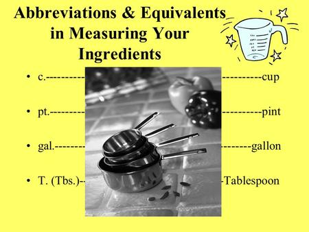 Abbreviations & Equivalents in Measuring Your Ingredients c.------------------------------------------------------cup pt.-----------------------------------------------------pint.