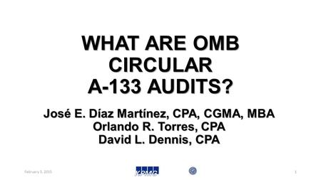 WHAT ARE OMB CIRCULAR A-133 AUDITS? February 3, 20151 José E. Díaz Martínez, CPA, CGMA, MBA Orlando R. Torres, CPA David L. Dennis, CPA.