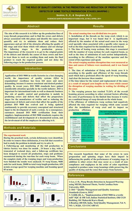 THE ROLE OF QUALITY CONTROL IN THE PREDICITION AND REDUCTION OF PRODUCTION DEFECTS OF SOME TEXTILE PREPARATION STAGES (WARPING ) Ibrahim, G., E., & Dorgham,