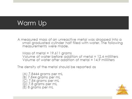 Atoms, Molecules, and Ions Warm Up A measured mass of an unreactive metal was dropped into a small graduated cylinder half filled with water. The following.