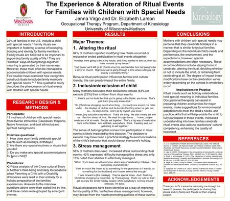 The Experience & Alteration of Ritual Events for Families with Children with Special Needs Jenna Virgo and Dr. Elizabeth Larson Occupational Therapy Program,