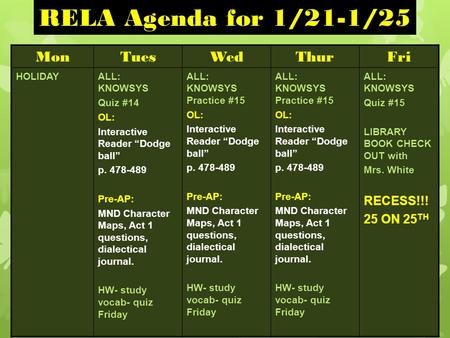 MonTuesWedThurFri HOLIDAYALL: KNOWSYS Quiz #14 OL: Interactive Reader “Dodge ball” p. 478-489 Pre-AP: MND Character Maps, Act 1 questions, dialectical.