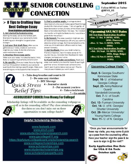 SENIOR COUNSELING CONNECTION > Upcoming SAT/ACT Dates SAT Test Date/Registration Deadline ---Nov. 7/ Oct. 9 (WFHS, NFHS, SFHS, Pinecrest) ---Dec. 5/ Nov.