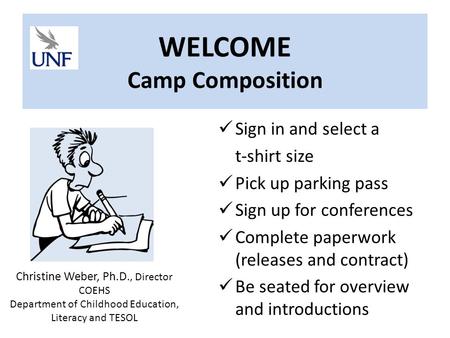 WELCOME Camp Composition Sign in and select a t-shirt size Pick up parking pass Sign up for conferences Complete paperwork (releases and contract) Be.