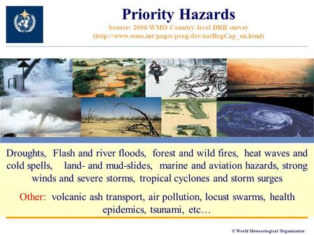 © World Meteorological Organization Priority Hazards Source: 2006 WMO Country-level DRR survey (http://www.wmo.int/pages/prog/drr/natRegCap_en.html) Droughts,