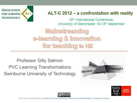 Professor Gilly Salmon PVC Learning Transformations Swinburne University of Technology 19 th International Conference: University of Manchester 10-13 th.