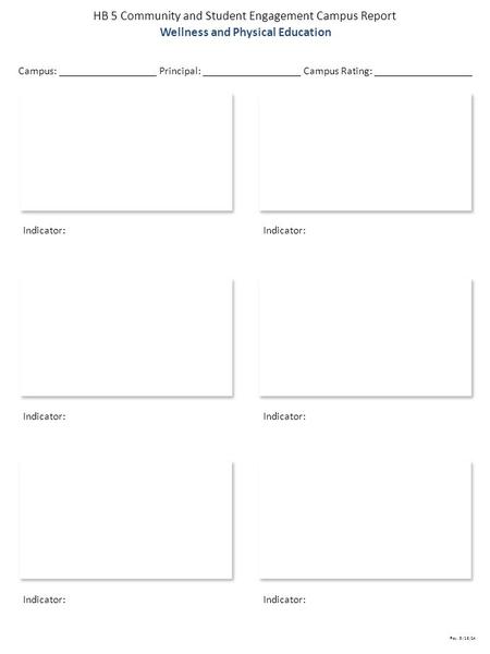 HB 5 Community and Student Engagement Campus Report Rev. 9/15/14 Indicator: Wellness and Physical Education Campus: _________________ Principal: __________________.