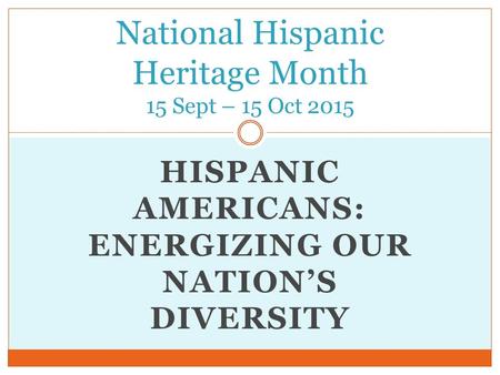 HISPANIC AMERICANS: ENERGIZING OUR NATION’S DIVERSITY National Hispanic Heritage Month 15 Sept – 15 Oct 2015.