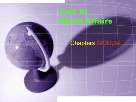 1 Unit XI World Affairs Chapters 32,33,34. 2 Issues of War and Peace ch. 32 Vocabulary terms Aggression Aggressor Idealism Inborn Balance of Power Conflict.