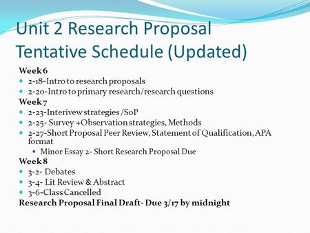 Unit 2 Research Proposal Tentative Schedule (Updated)