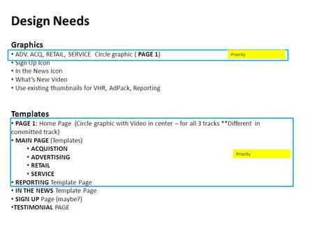 Design Needs Graphics ADV. ACQ, RETAIL, SERVICE Circle graphic ( PAGE 1) Sign Up Icon In the News Icon What’s New Video Use existing thumbnails for VHR,