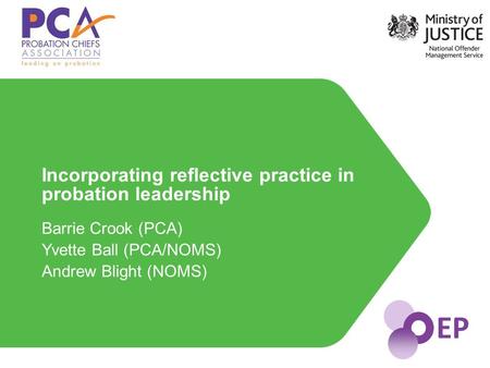 EP Barrie Crook (PCA) Yvette Ball (PCA/NOMS) Andrew Blight (NOMS) Incorporating reflective practice in probation leadership.