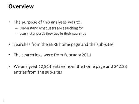 1 Overview The purpose of this analyses was to: – Understand what users are searching for – Learn the words they use in their searches Searches from the.