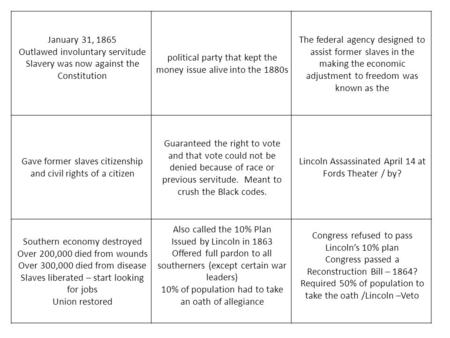 January 31, 1865 Outlawed involuntary servitude Slavery was now against the Constitution political party that kept the money issue alive into the 1880s.