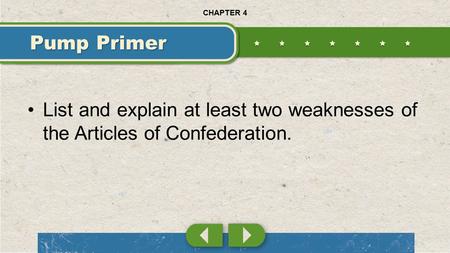 List and explain at least two weaknesses of the Articles of Confederation. Pump Primer CHAPTER 4.