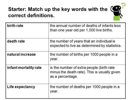 Starter: Match up the key words with the correct definitions.