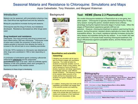 Seasonal Malaria and Resistance to Chloroquine: Simulations and Maps Joyce Cadwallader, Tony Weisstein, and Margaret Waterman Tool: HEME (Deme 2.3 Plasmodium)