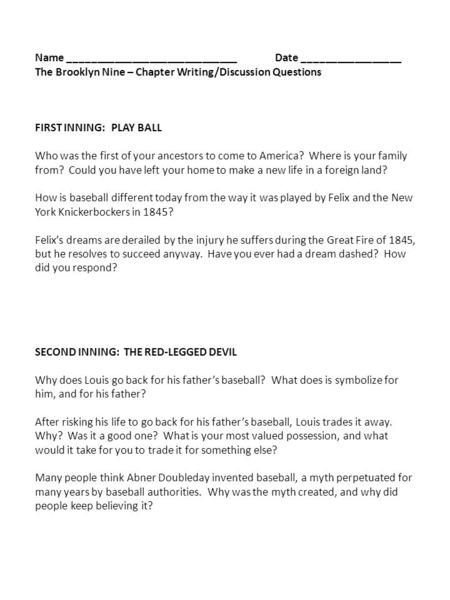 Name _____________________________Date _________________ The Brooklyn Nine – Chapter Writing/Discussion Questions FIRST INNING: PLAY BALL Who was the first.