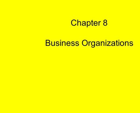 Chapter 8 Business Organizations. FORMS OF BUSINESS ORGANIZATIONS: 1. Sole Proprietorship 2. Partnership 3. Corporation.