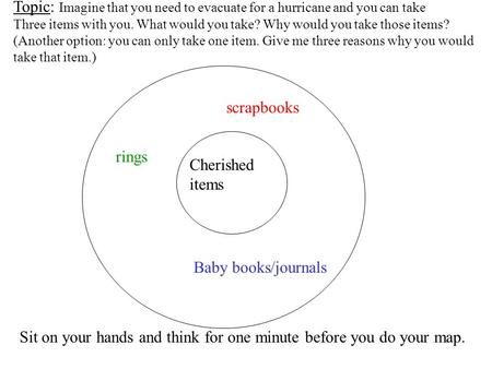 Cherished items scrapbooks Baby books/journals rings Topic: Imagine that you need to evacuate for a hurricane and you can take Three items with you. What.