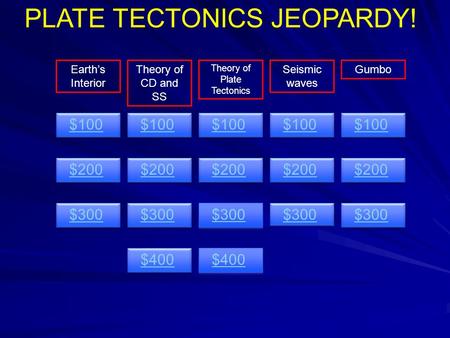 $200 $100 $300 $100 $200 $300 $400 $100 $200 $300 $400 Earth’s Interior Theory of CD and SS Theory of Plate Tectonics Seismic waves Gumbo PLATE TECTONICS.