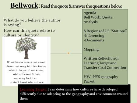 What do you believe the author is saying? How can this quote relate to culture or identity? Learning Target: I can determine how cultures have developed.