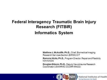 1 Matthew J. McAuliffe, Ph.D., Chief, Biomedical Imaging Research Services Section (BIRSS) CIT Ramona Hicks, Ph.D., Program Director, Repair and Plasticity.