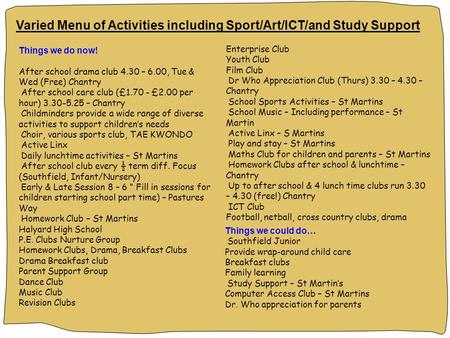 Varied Menu of Activities including Sport/Art/ICT/and Study Support Things we do now! After school drama club 4.30 – 6.00, Tue & Wed (Free) Chantry After.