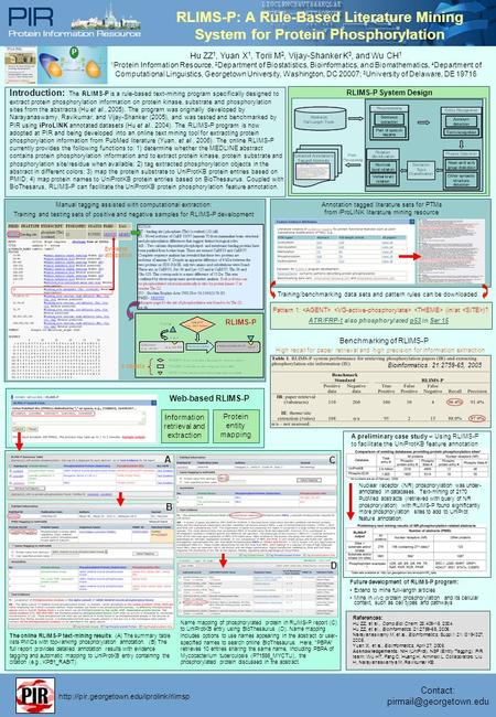 RLIMS-P: A Rule-Based Literature Mining System for Protein Phosphorylation Hu ZZ 1, Yuan X 1, Torii M 2, Vijay-Shanker K 3, and Wu CH 1 1 Protein Information.