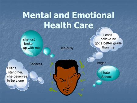 Mental and Emotional Health Care I hate School! I can’t believe he got a better grade than me I can’t stand her, she deserves to be alone she just broke.