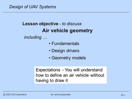 20-1 Design of UAV Systems Air vehicle geometryc 2002 LM Corporation Lesson objective - to discuss Air vehicle geometry including … Fundamentals Design.