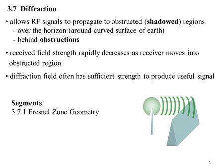 3.7 Diffraction allows RF signals to propagate to obstructed (shadowed) regions - over the horizon (around curved surface of earth) - behind obstructions.